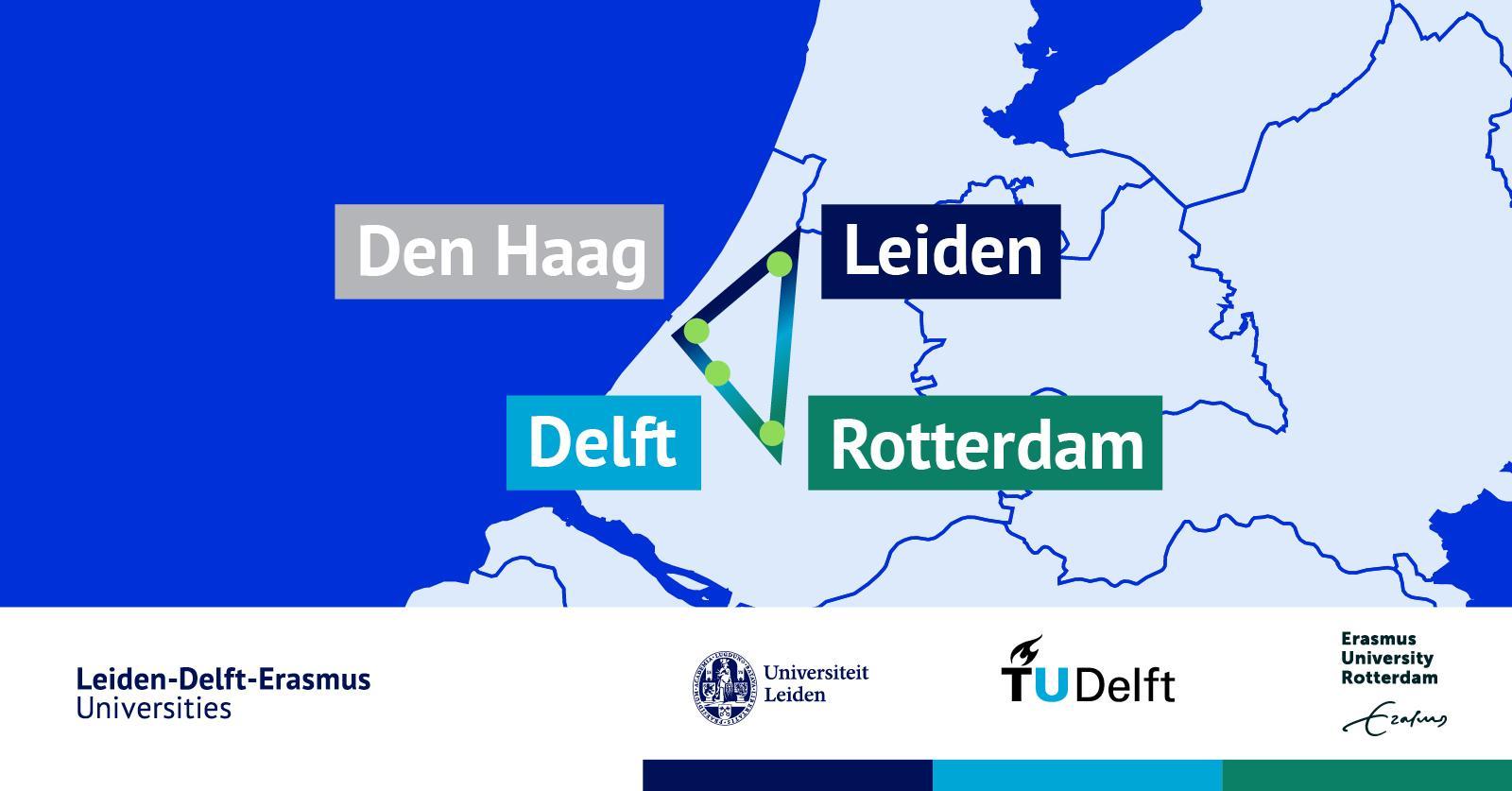 Cities of Rotterdam, the Hague and Delft on a map